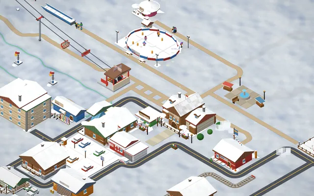 A busy ski village in winter sunshine, lifts climbing the slopes behind the lodge.