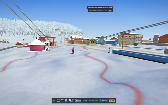 First-person view from a skier going down the slope, other guests ahead.