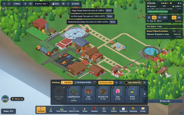 The Buildings drawer open with category tabs and building cards with prices.