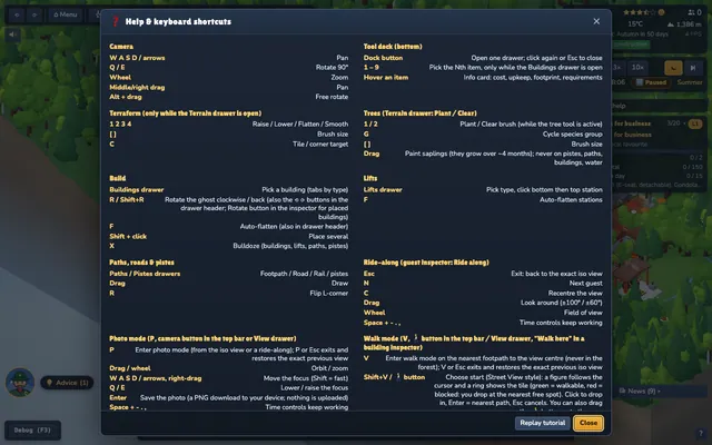 The help dialog listing keyboard shortcuts.