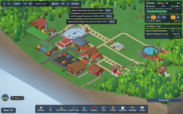 The main screen: top bar with money, rating and time; goals card on the right; the dock at the bottom.