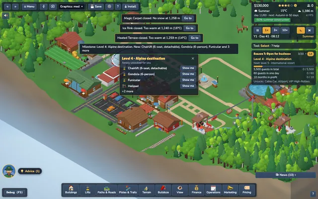A level-up celebration banner over the resort.
