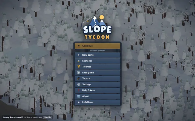 The main menu with Continue, New game, Scenarios, Trophies and a live village behind it.