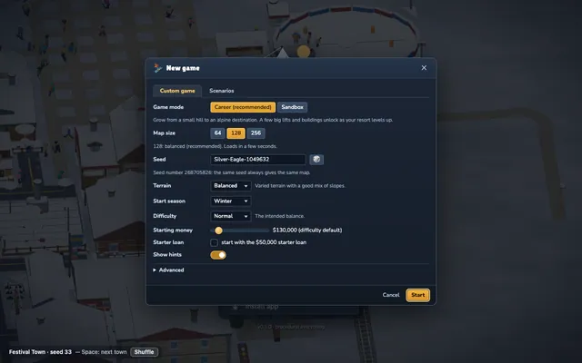 The New Game dialog with Career and Sandbox, map size and season.