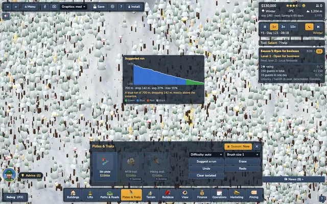 A slope profile card showing altitude over distance coloured by difficulty with a dashed snowline, next to a highlighted suggested run.