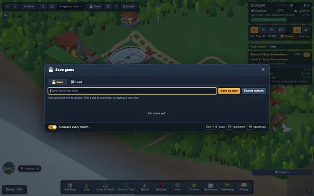 The Save and Load dialog with slots and export buttons.