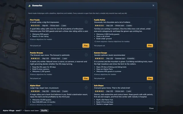 The scenario picker with six scenario cards and star difficulty.