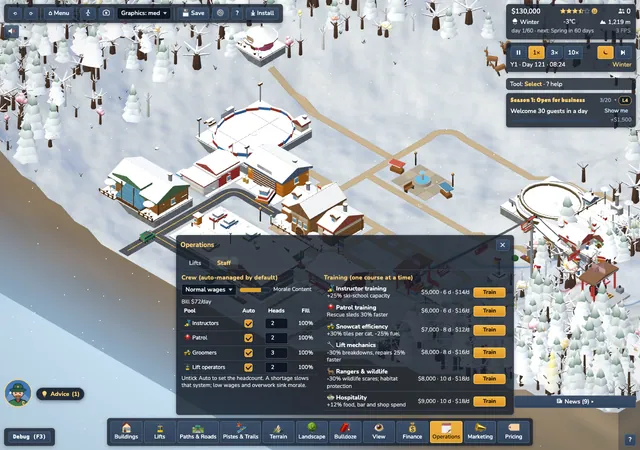 The Staff tab of the Operations drawer: four crews, wage level and the six training courses.